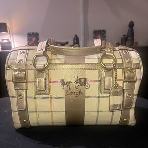 Coach XL Heritage Stripe Tattersal Double Zip Boston Satchel